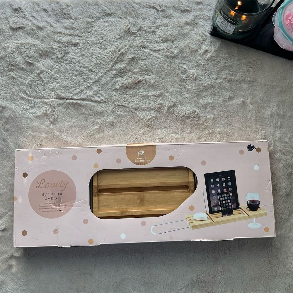 A Little Something Bamboo Bathtub Caddy Tray Adjustable Non-Slip Grips